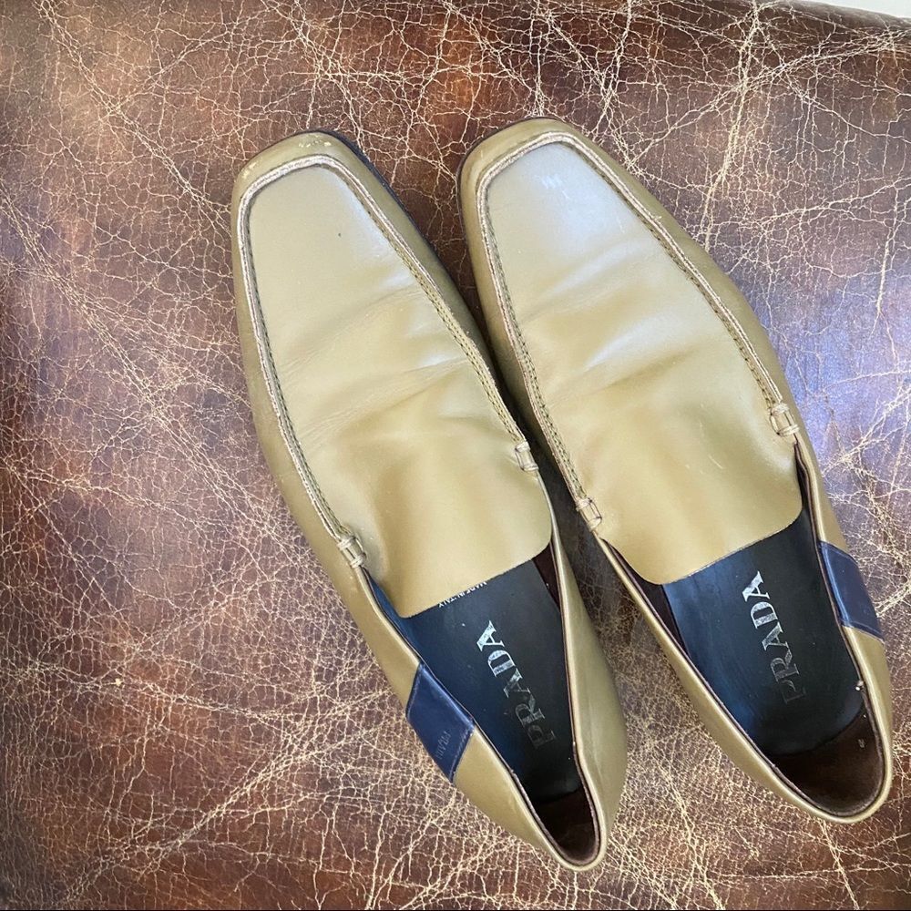 PRADA khaki leather square toe loafers shoes 7